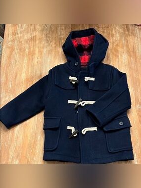 paddington bear costume 
 Navy Hooded Toggle Coat and red bucket hat 4t
